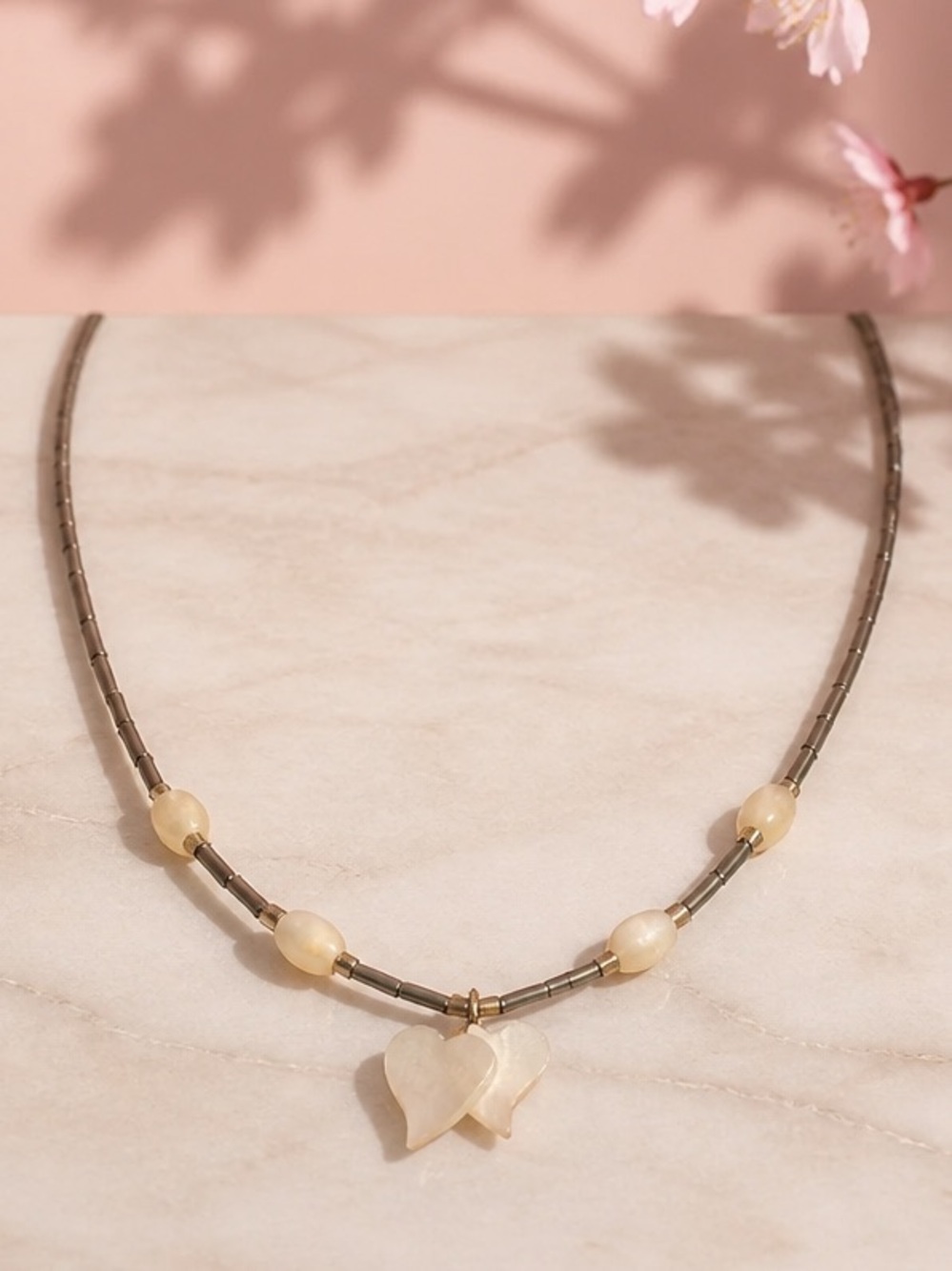 Mother of pearl Heart Pendant Bead Necklace - Cream and Gold